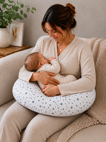 Coussin d’allaitement blanc étoiles gris