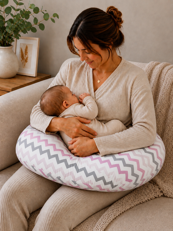 Coussin d’allaitement - zigzag rose/gris