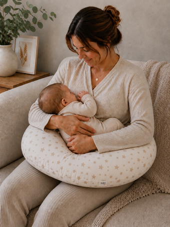 Coussin d’allaitement blanc étoiles beige