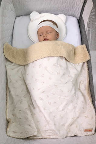 Couverture bébé coton imprimé feuilles beige et fausse fourrure 75 *75 cm