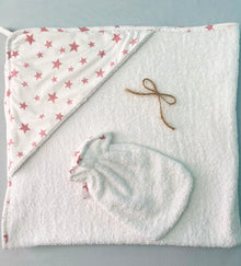 Cape de bain + gant (blanc étoiles roses)