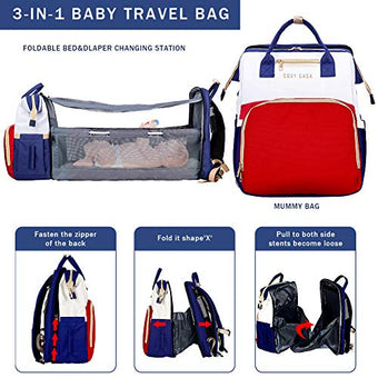 Sac à dos à langer Bleu/rouge -Lit berceau intégré et USB