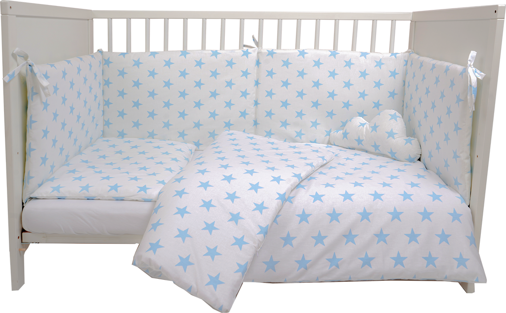 Parure de lit complète , 6 pièces , pour lit 120 X 60 étoiles bleu ciel