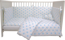 Parure de lit complète , 6 pièces , pour lit 120 X 60 étoiles bleu ciel