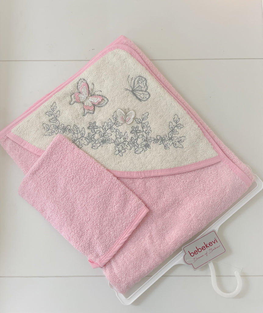 Sortie de bain + gant (rose papillons)