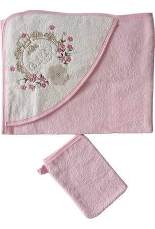 Sortie de bain + gant (rose fleurs)